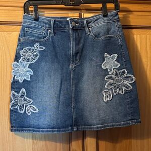 DRIFTWOOD Blue Denim Skirt with White Floral Embroidery